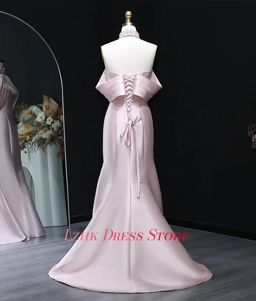 Vestido de noche de cristal con hombros descubiertos, sirena de satén elegante personalizado, manga corta de alta calidad, cuello Halter