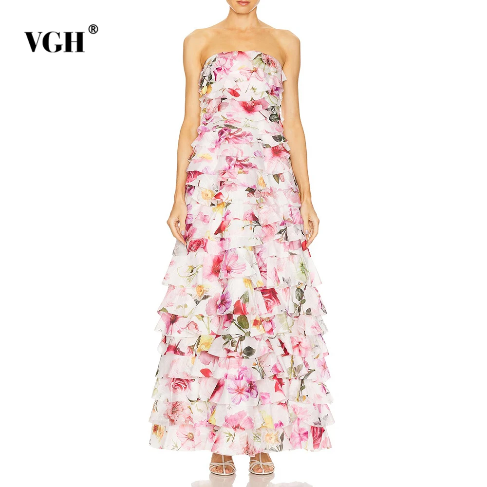 

VGH Sweet Printing Slimming Long Dresses For Women Strapless Sleeveless Backless High Waist Folds Chic Dress Female Fashion New