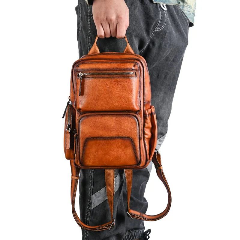 Men Chest Bag Small Backpack For Men Crossbody Bags Natural Vintage Leather Shoulder Messenger Bags Cowhide Travel Bag For Men