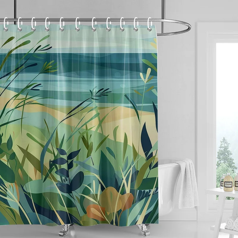 Nordic Simple Style Morandi Shower Curtain Abstract Plant Character Pattern Bathroom Bathtub Dual-Use Shower Curtain