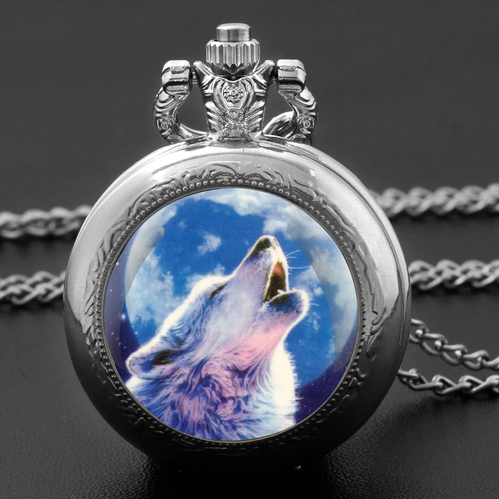Vintage Route Moon Wolf Pattern Pocket Watch Women Men Fashion Quartz Necklace Pendant World Time Display Electronic Movement