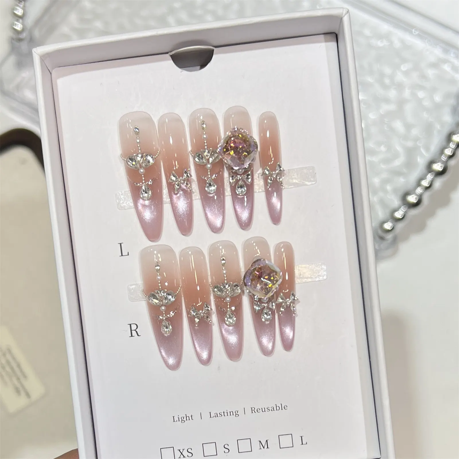 10 Uds. De uñas postizas de estilo francés con ojo de gato, diamantes de imitación de cristal violeta, uñas artificiales hechas a mano para mujer, fiesta y boda