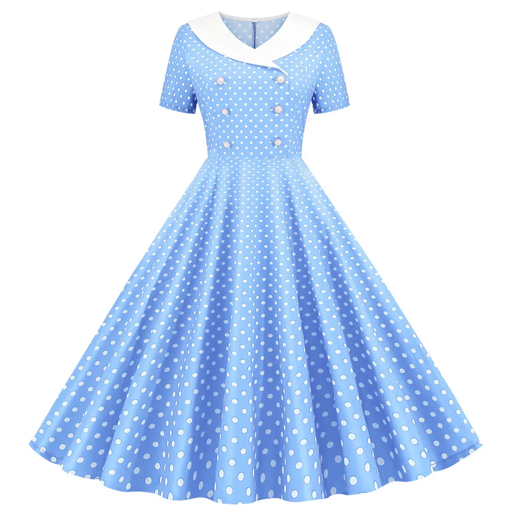 Blue Polka Dot Printed Vintage Dresses for Women 2024 Summer Retro 50s 60s Swing Pin Up Rockabilly Party Dress Robe Vestidos