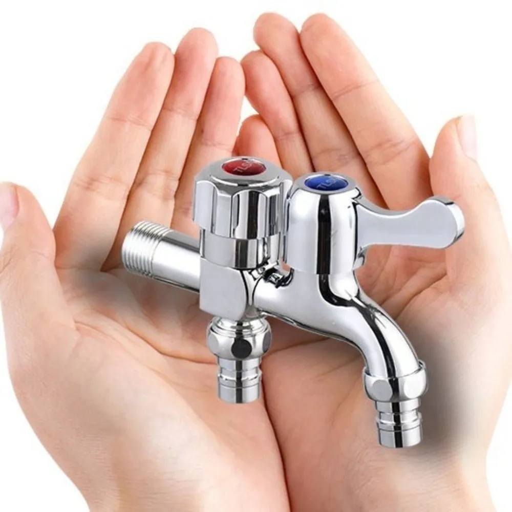 G1/2 Dual Outlet Faucet Stainless Steel Straight Handle Dual Control Water Tap One in Two Out Faucet Bathroom Accessories