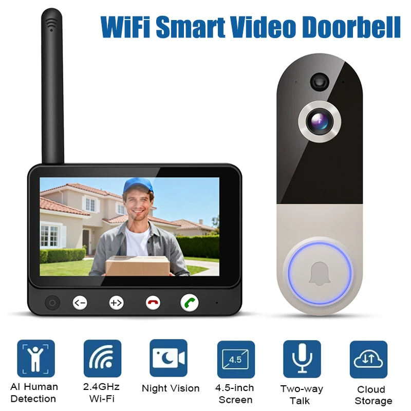

Видеодомофон 1080P с Wi-Fi, умный беспроводной дверной звонок, камера безопасности с двусторонней связью, ночным видением и интеллектуальным обнаружением человека