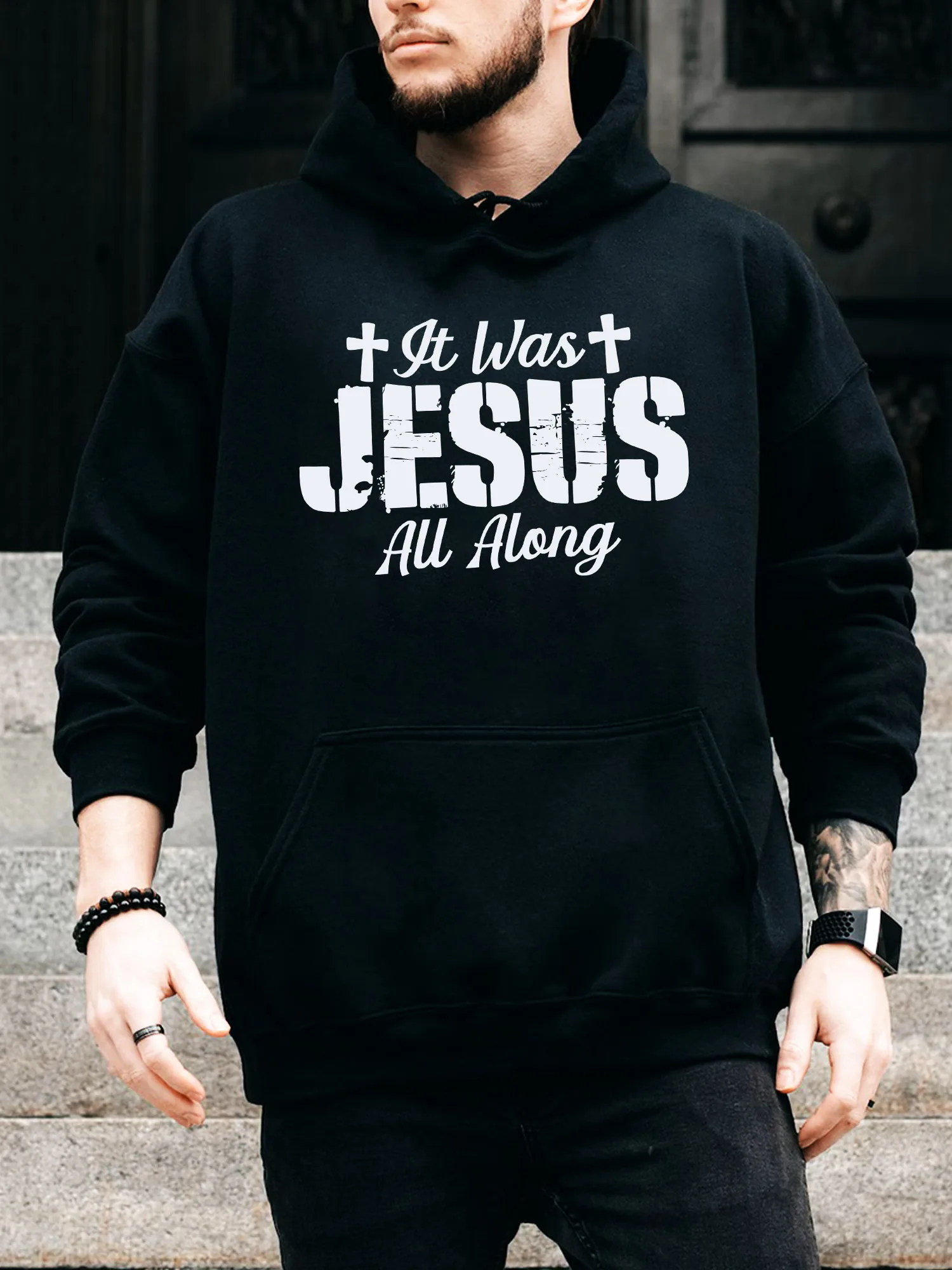 

Мужская толстовка с капюшоном на шнурке It Was Jesus All Along — повседневный удобный черный пуловер, осенне-зимняя толстовка с капюшоном
