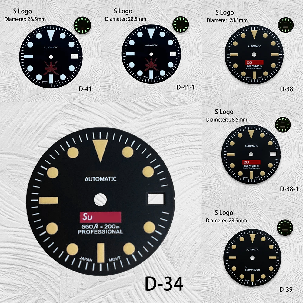 

28.5mm Dial NH35 Dial Green Lminous Dial Suitable For NH35 NH36 4R 7S Movement watch NH35 Case Men's Watch Accessories S Logo