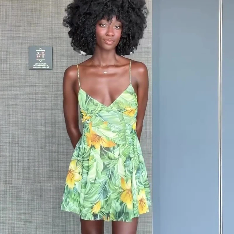 Kwiatowy nadruk bez pleców sznurowana sukienka na ramiączkach dekolt w serek bez rękawów cały mecz wakacje krótka sukienka plażowa letnie ubrania damskie 2025 nowość