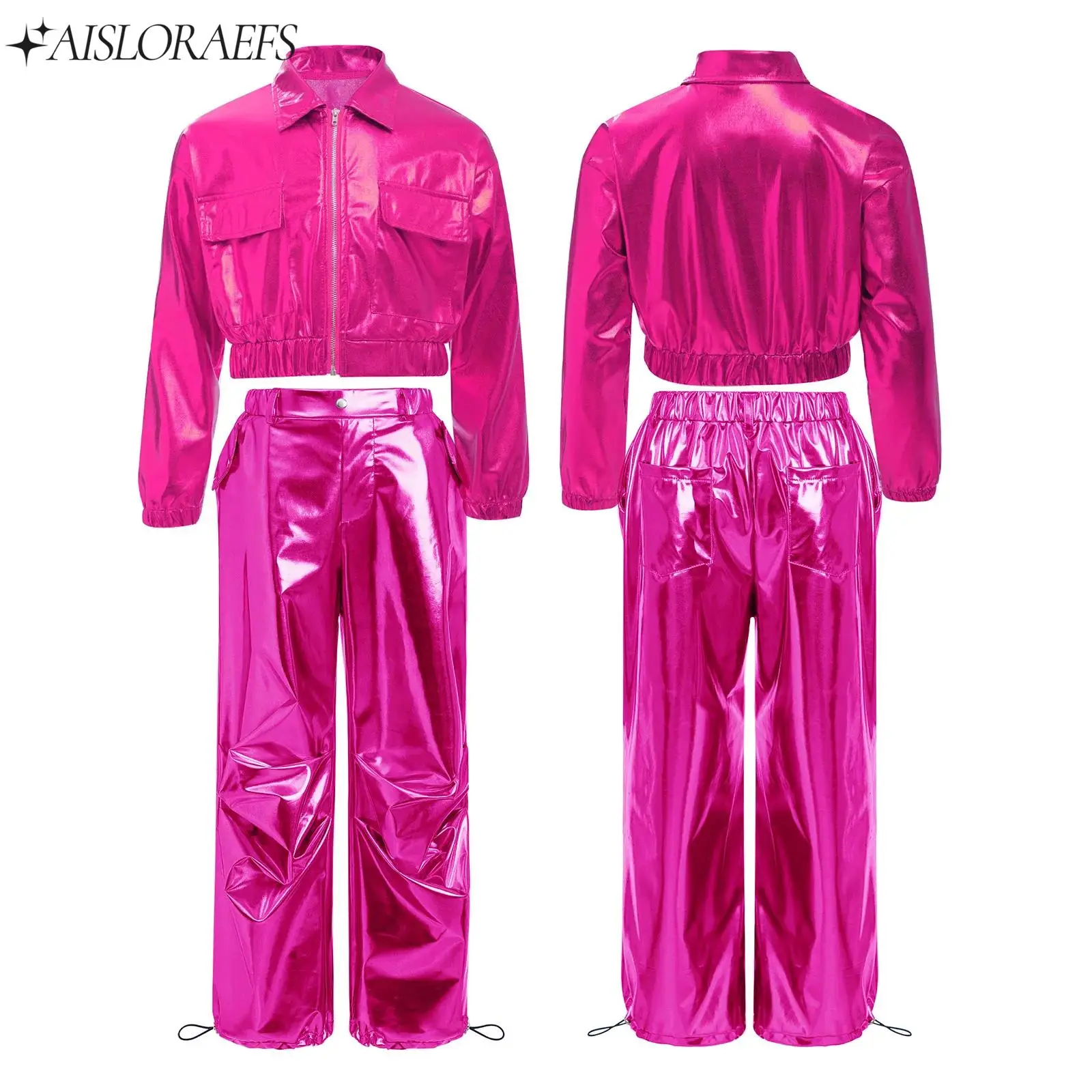 

Girls Boys Jazz Dance Sets Hip Hop Street Performance Costume Long Sleeve Metallic Jacket+Shiny Cargo Pants Set Party Clubwear