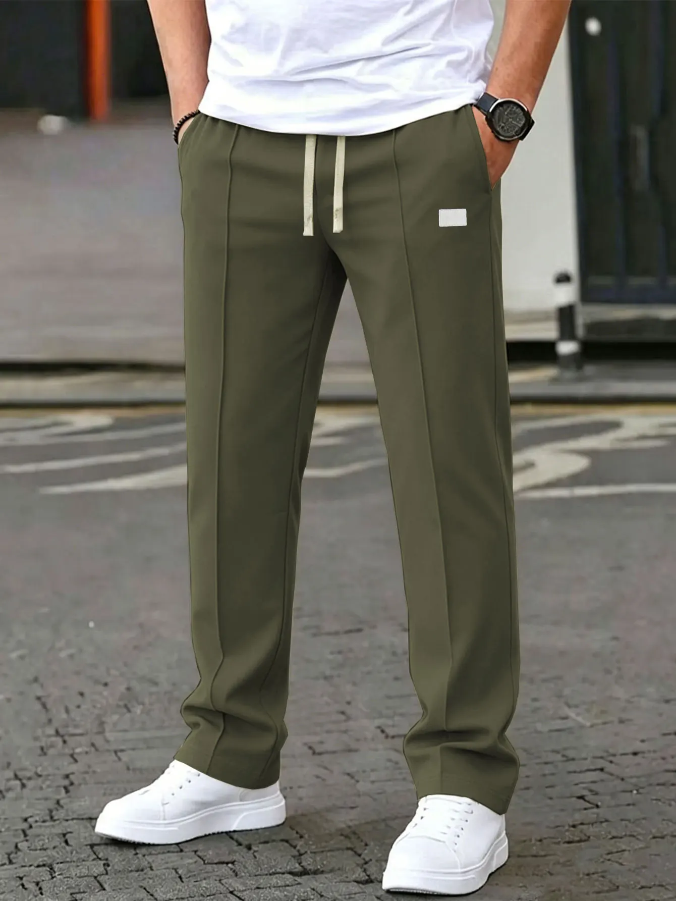 Einfarbige Herrenhose mit Kordelzug an der Taille, normale Passform, lässige, bequeme Taschenhose für Frühling und Herbst, Herrenhose für den Alltag – Detail 11