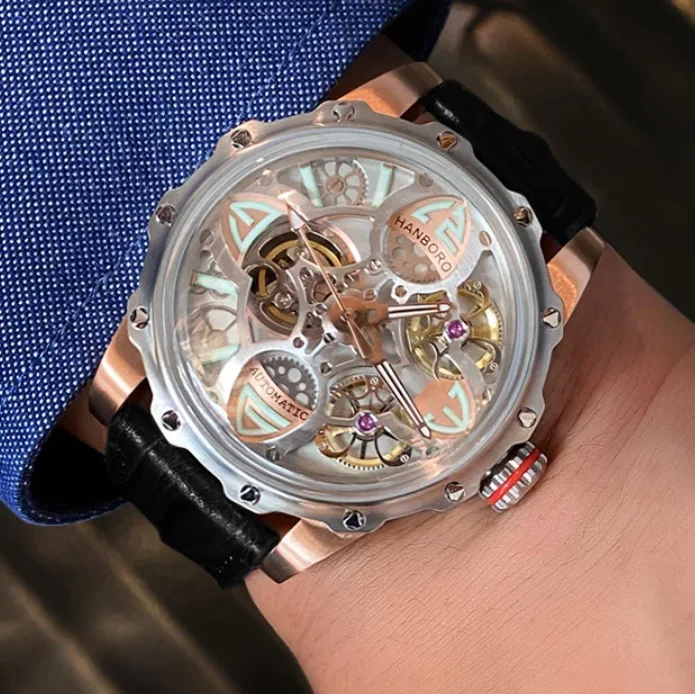 HANBORO Herren-Automatikuhr, 46 mm, mechanische Armbanduhr, 50 m wasserdicht, leuchtendes Skelett-Zifferblatt, NH38