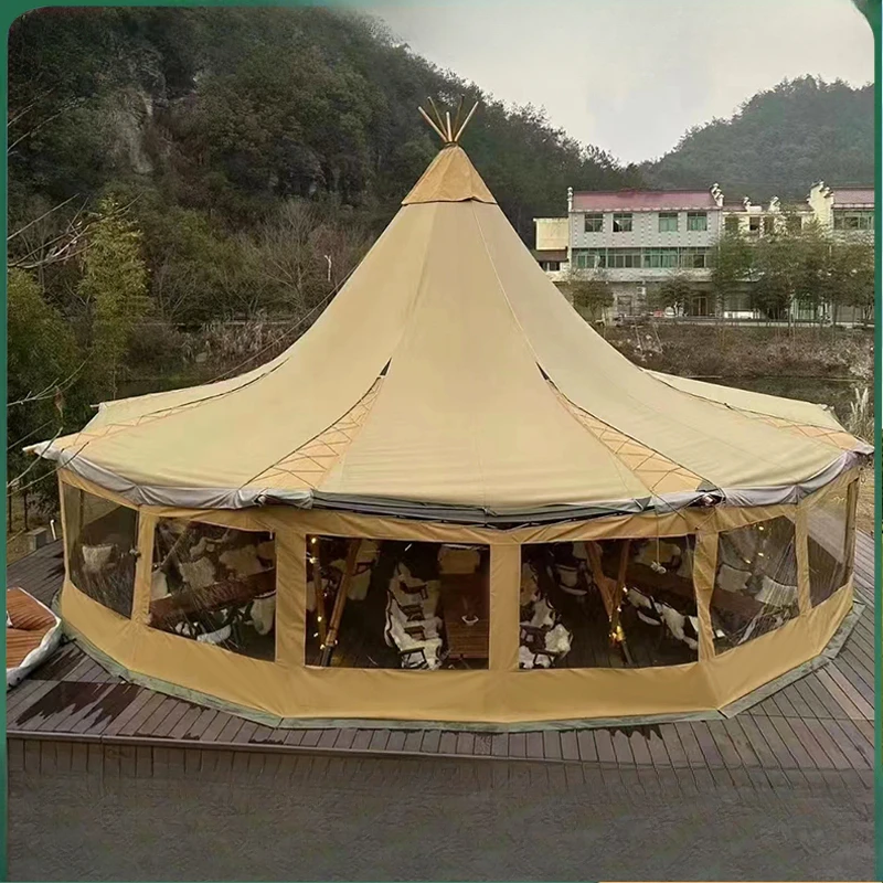 outdoor wild luxury Indian camping tent restaurant scenic camp tipi tent straw hat warm enclosure