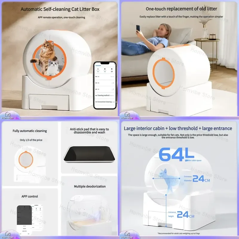 

Large Capacity 64L Automatic Self Cleaning Cat Litter Box with Smart Induction Environmental Friendly Quiet Low Dust Smart