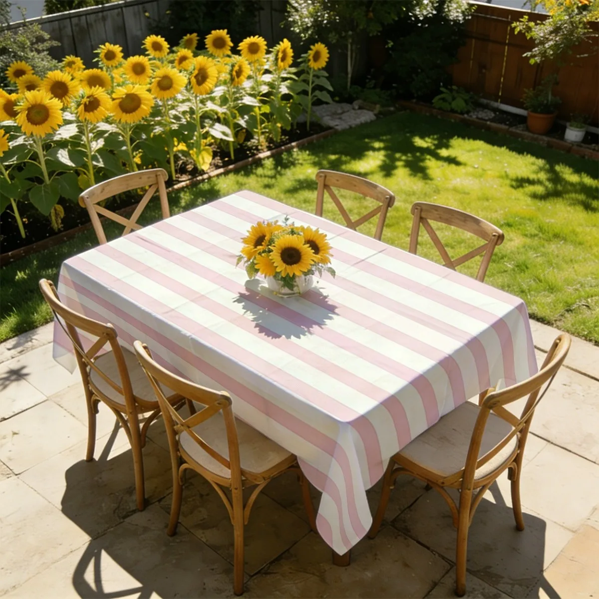 Rectangular powder-white striped, minimalist style printed tablecloth