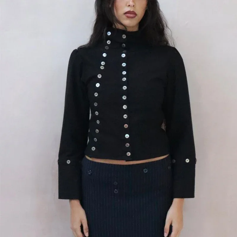 Y2K Vintage Goth Aesthetic Women's Long Sleeve Shirt Sexy Slim Fit Chic Button-Down Solid Color Crop Tops Grunge Punk Streetwear