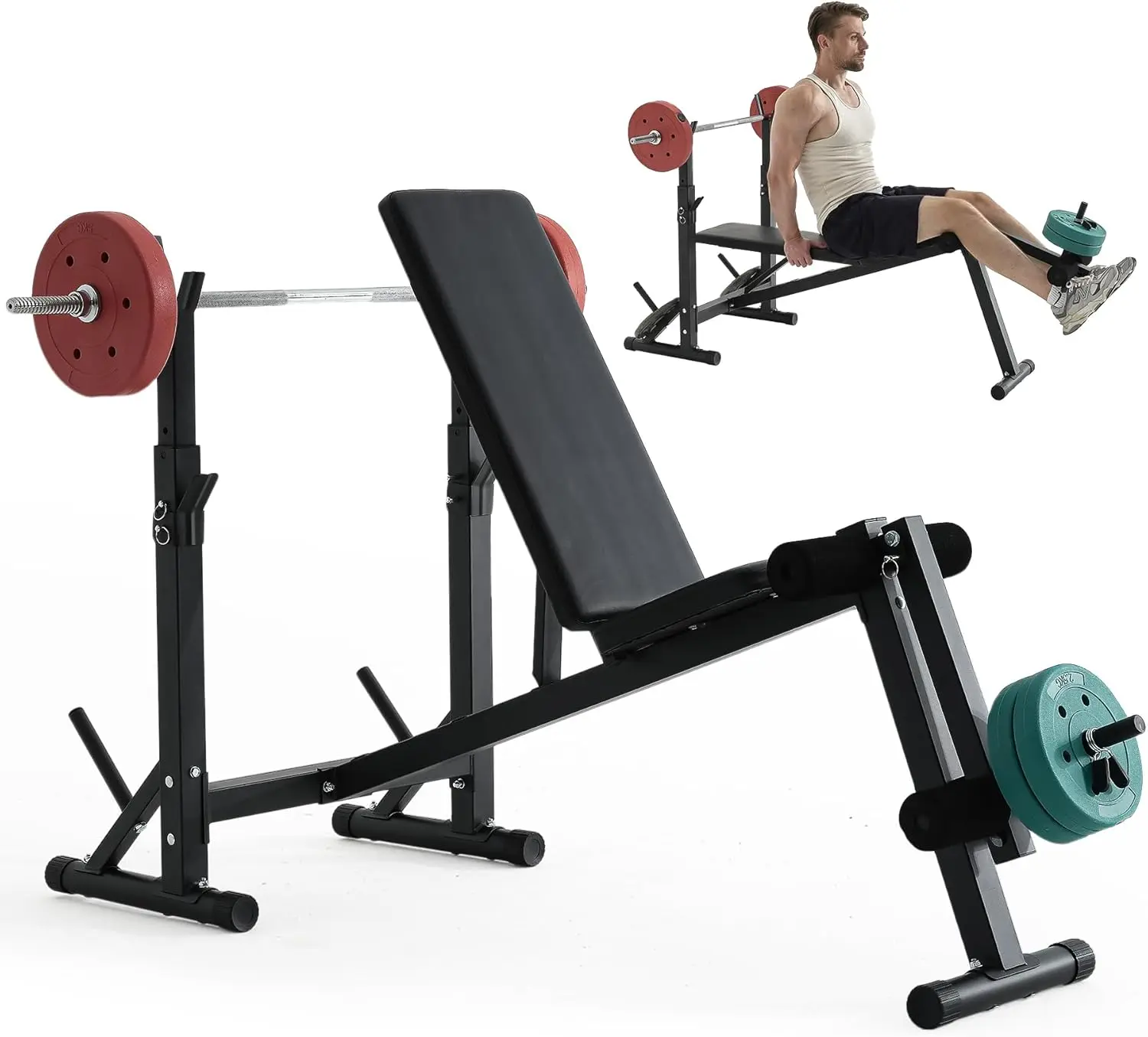 600LBS Incline Weight Bench Set with Rack 4-in-1 Adjustable Workout Bench with Leg Extention for Bench press Curl and Ab Workout