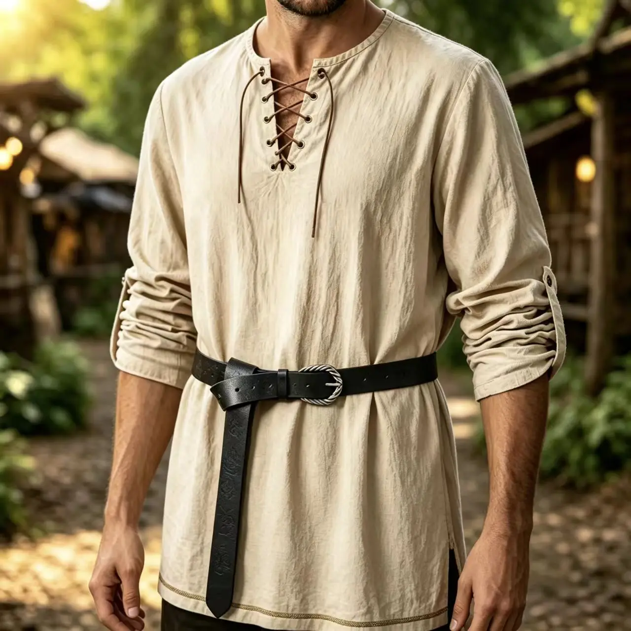 Men Medieval Lace Up Linen Long Sleeve Tunic Viking Pirate Renaissance Cosplay Shirt With Vintage Embossed Leather Belt
