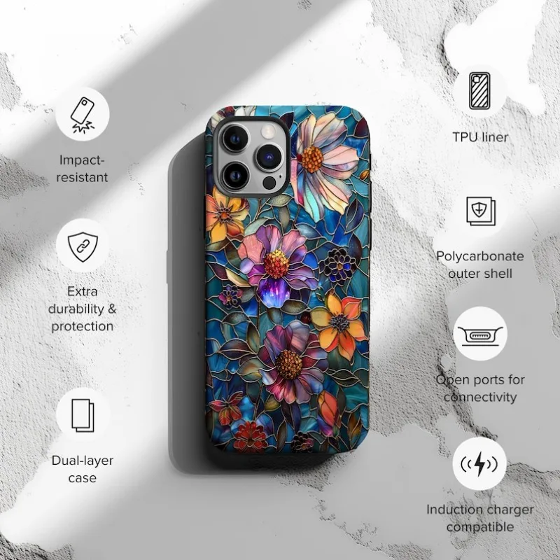 Artistic Stained Glass Floral Phone Case For IPHONE 16 15PRO MAX 14 13 12 11 Acrylic TPU Two in one magnetic Phone Cases