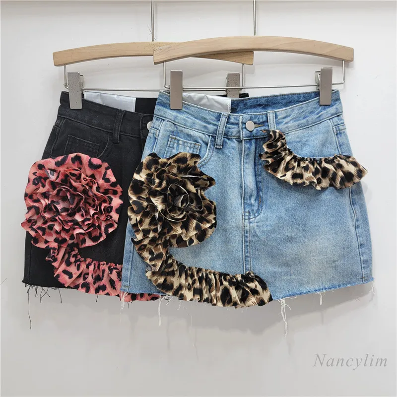 

Three-dimensional Leopard Print Flower Splicing Denim Skirt Women's 2024 Summer Autumn New Temperament Street Skirts