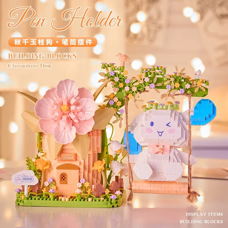 Sanrio Building Blocks Cinnamoroll Assembly Pen Holder Panda Model Educational Toy Ornaments Hibiscus Bouquet Series Gift