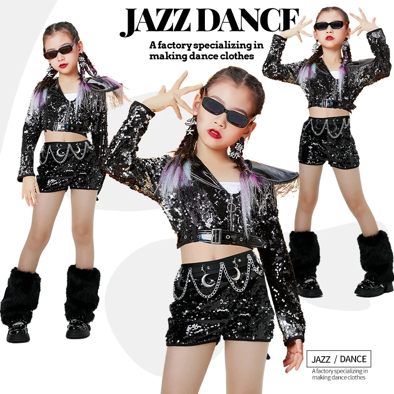 

Girls Fashion Show Trendy Clothing T-Stage Model Competition Black Glitter Set Jazz Dance Costumes For Kids Hiphop Wear DQS18420