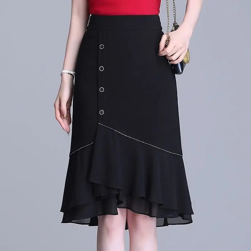 

Fashion Long Skirts Oversized Lotus Ruffle High Waist Black Midi Skirt Women Clothes Button Black Skirt