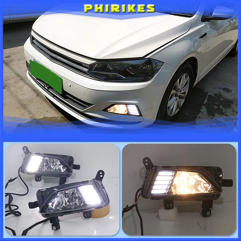 1 Pair Car DRL LED Daytime Running Light Fog Lamp Sequential Yellow Turn Signal Function 12V For Volkswagen Polo 2018 2019