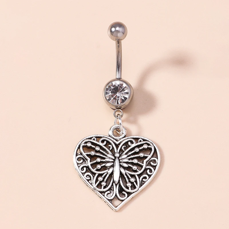 Cute Love Heart Belly Button Rings Alloy Butterfly Pendant Navel Rings Sexy Piercing Body Jewelry for Women Girls Holiday Gifts