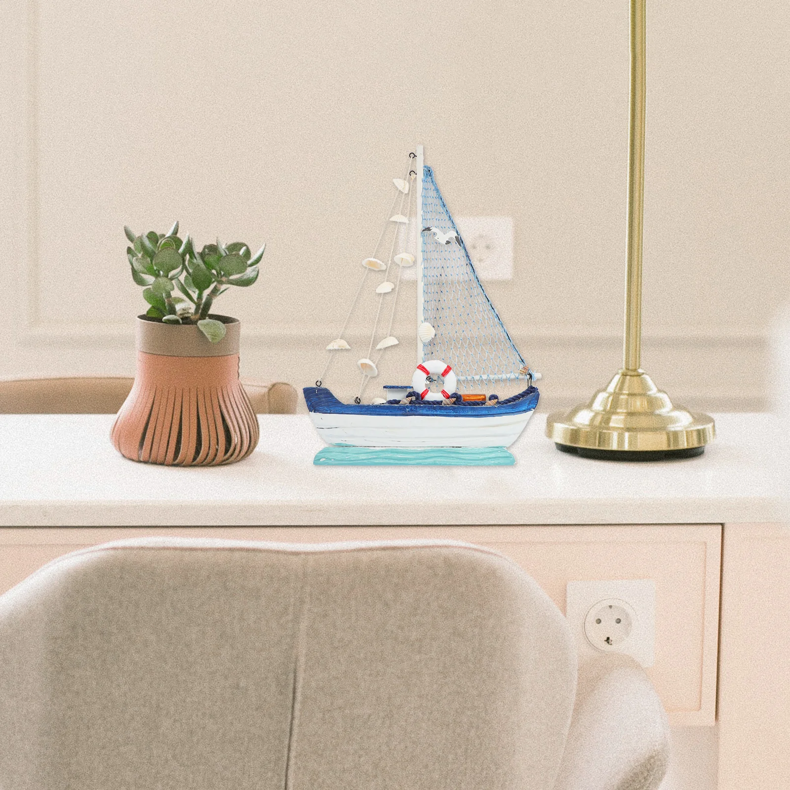 

1pc Shell Sailboat Decoration Wooden Mediterranean Sailing For Home Living Room Bedroom Shop Coffee Nautical Decor