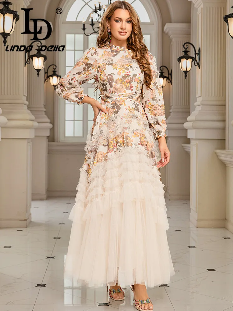 فستان LD LINDA DELLA بتصميم ممتاز للنساء مطبوع عليه أذن خشبية شبكية على طراز القصر الفرنسي بأكمام الأميرة