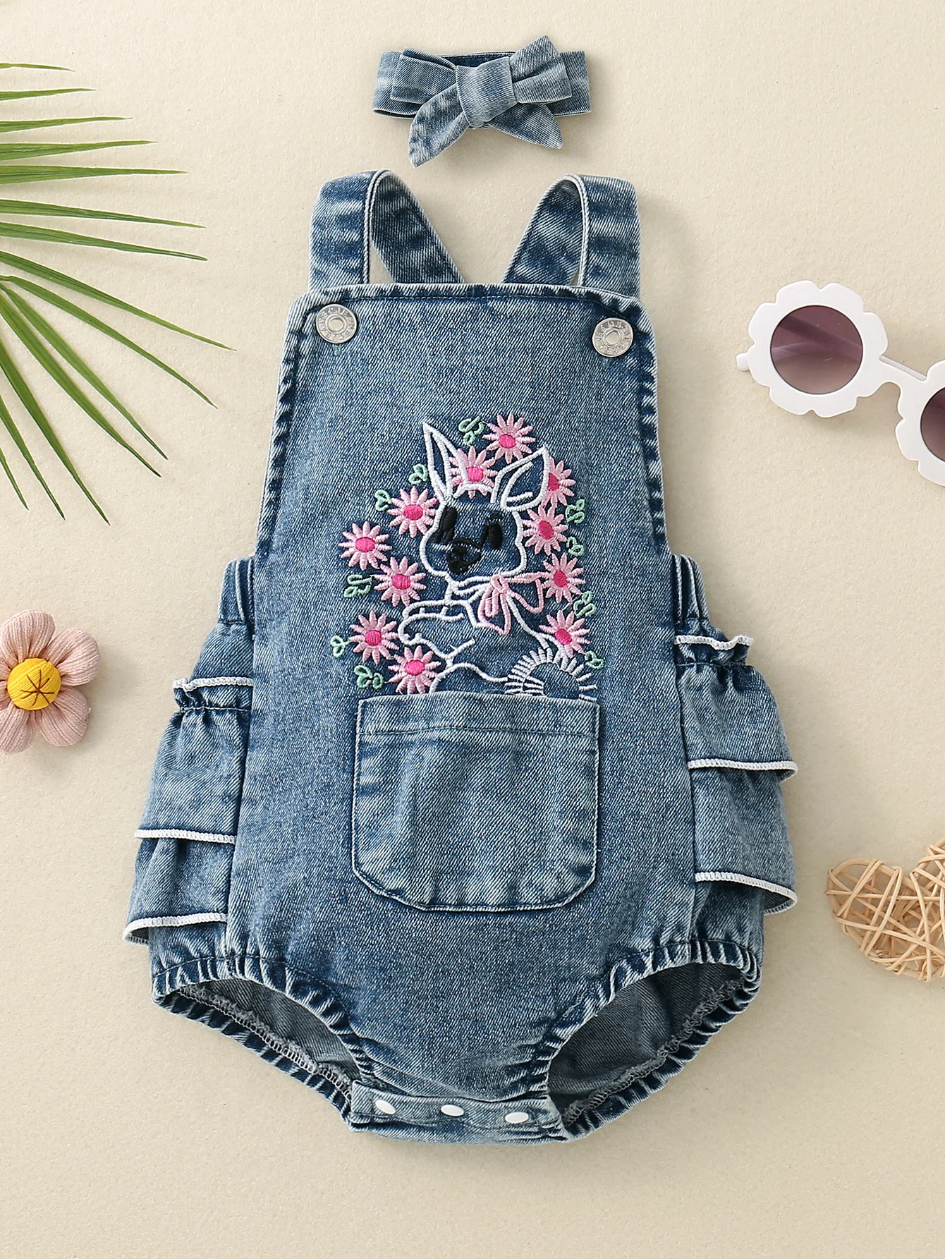Baby Girl's Embroidered Rabbit Pattern Denim Triangle Romper with Headband Infant Clothing Set