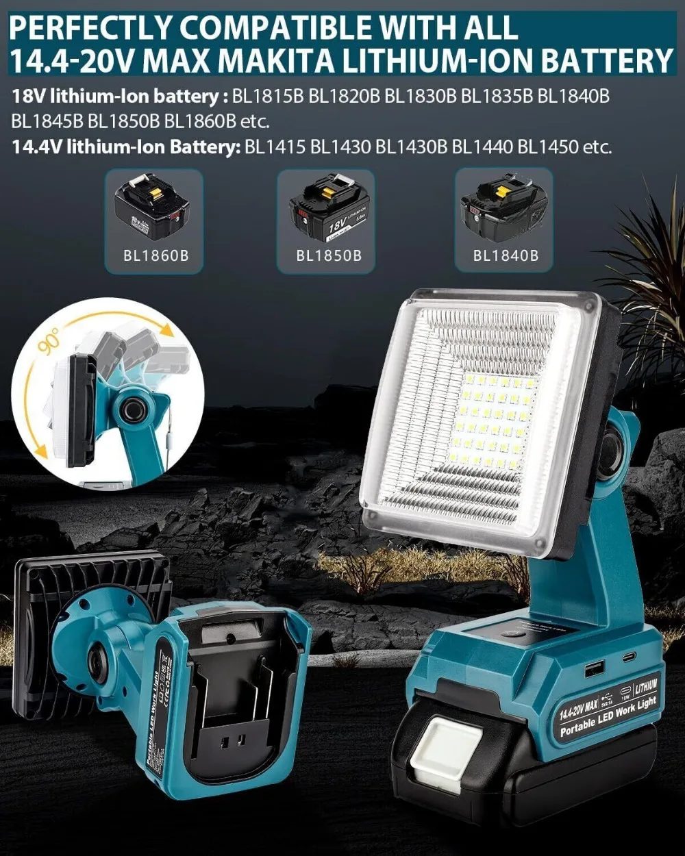 1500LM Cordless Light for Makita 18V Li-ion Battery Portable LED Spotlight with USB & Type-C Port 25W LED Work Light for Camping