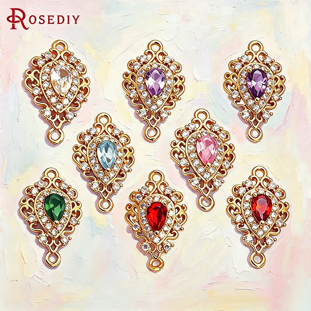 

6PCS 12x20MM 18K Gold Color Brass and Zircon Glass 2 Holes Drop Shape Connect Charms Pendants Jewelry Making
