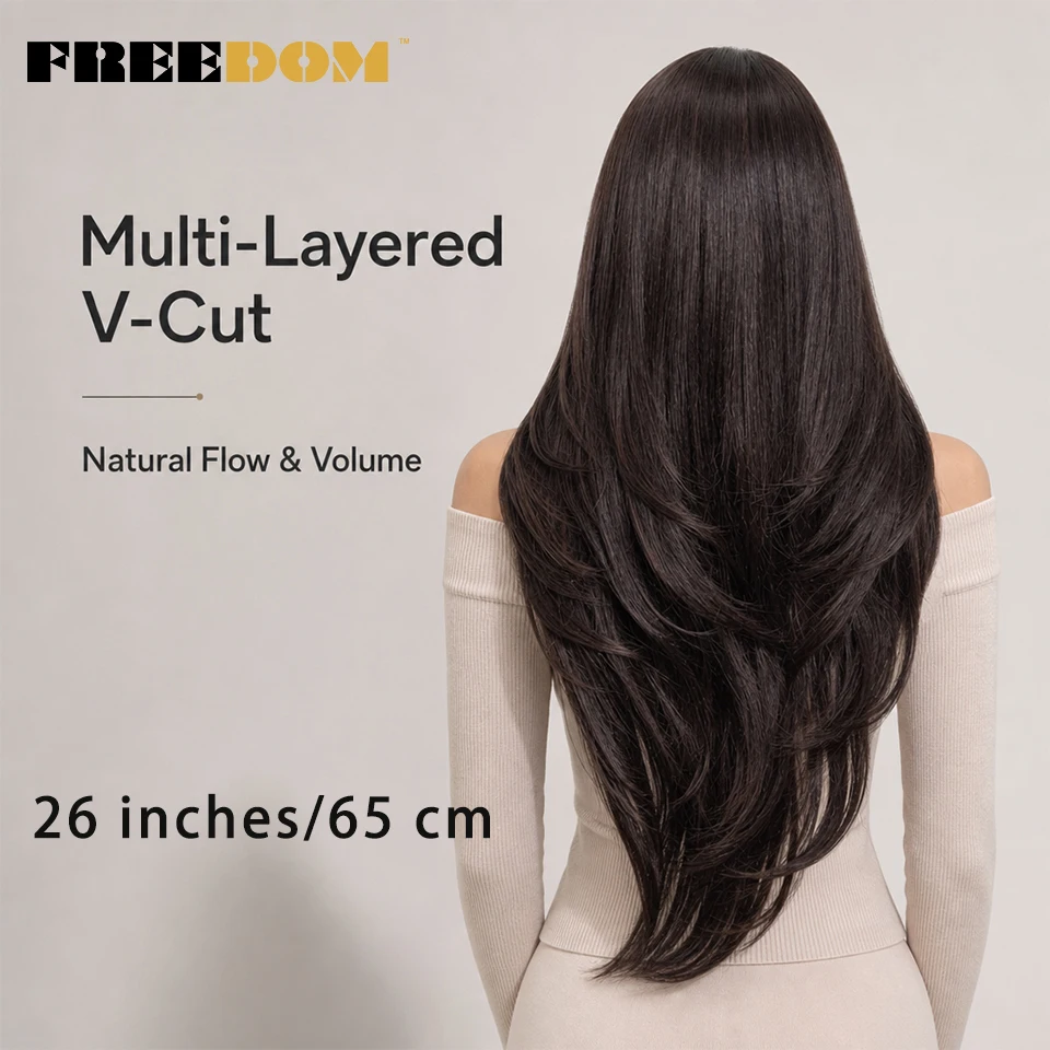 FREEDOM Synthetische Lace-Front-Perücken für Damen, 6x4 Lace-Perücke mit vorgezupfter Haarlinie und Pony, 26 Zoll, Ombré-Braun, einfach aufzusetzen, ohne Klebstoff, für den täglichen Gebrauch. – Detail 4