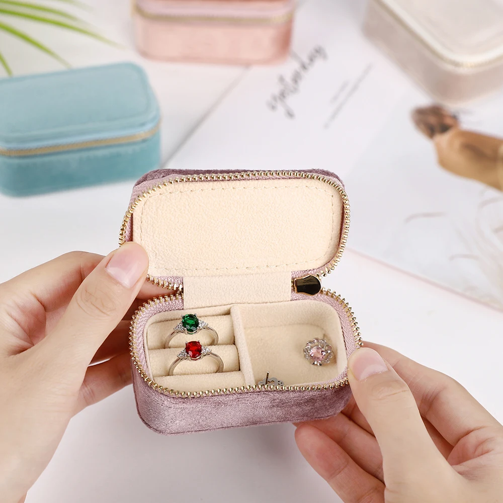 1pcs Mini Velvet Ring Box Jewelry Storage Case Single Layer Earrings Necklace Organizer Candy Color Zipper Bag Travel Portable