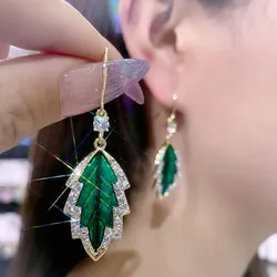 Exquisite Green Leaf Mosaic Zircon Earrings for Women Fashionable Personalized Daily Accessories Party Jewelry Birthday Gifts