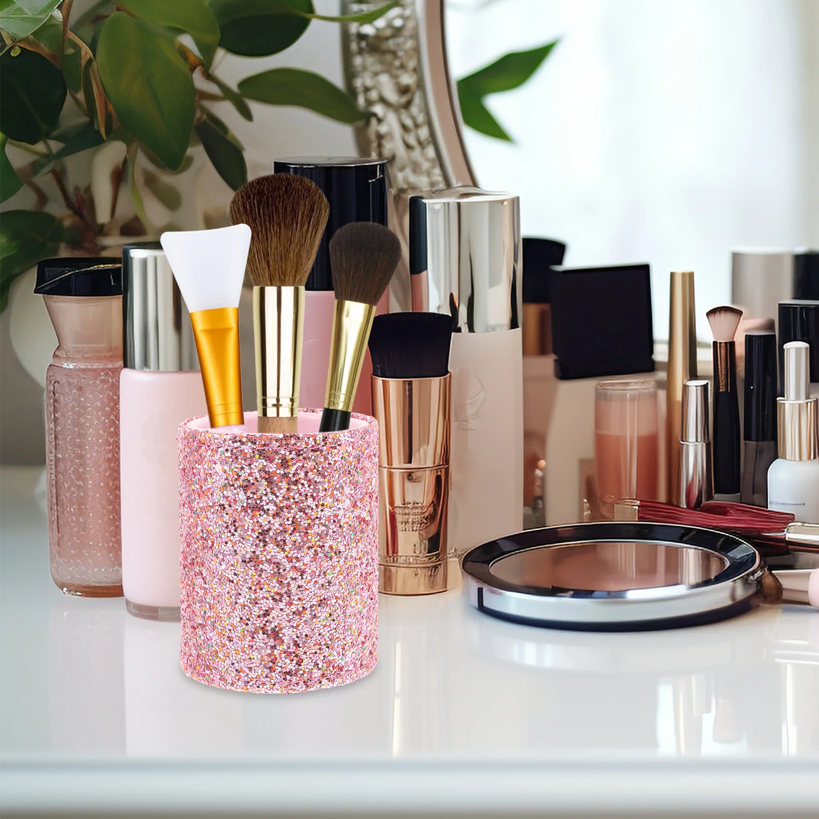 حامل تخزين فرش المكياج الصغيرة المحمولة، منظم لفرشاة المكياج اللامعة لطاولة تزيين الحمام #1
