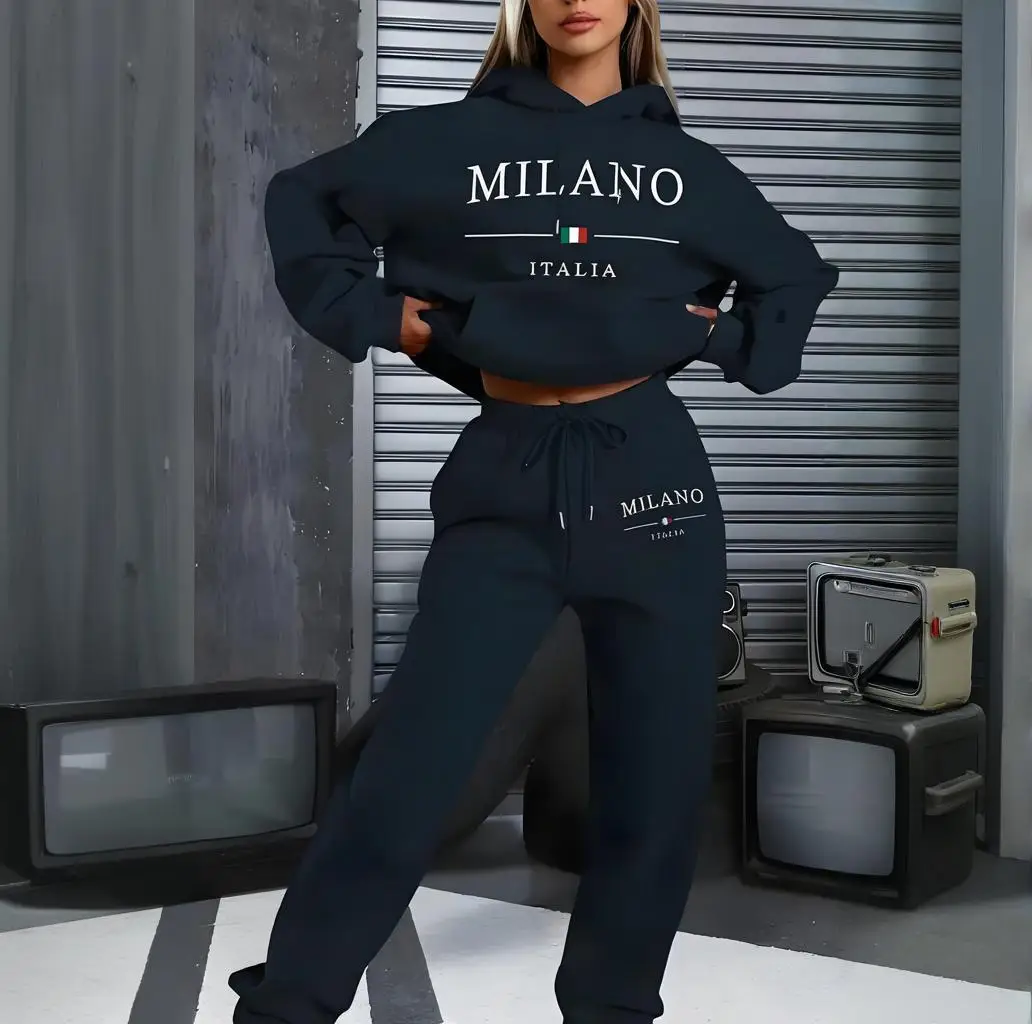 Hot women\'s 2-piece Milano print sports suit sportswear jogging suit women\'s hooded sportswear suit clothes hoodie+sweatpants