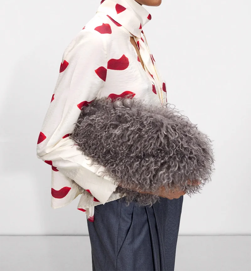 

Women Faux Fur Clutch bag winter warm dark grey pouch frame clasp bag with chain crossbody