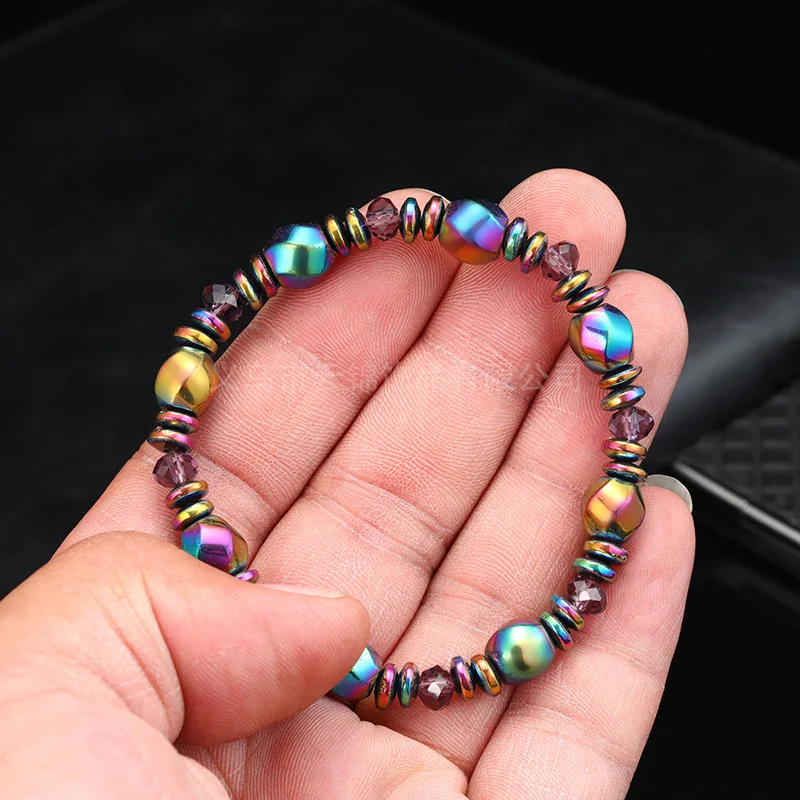 Braccialetto di perline di ematite rivestito di colore arcobaleno braccialetto di perline di cristallo affrontato gioielli fatti a mano per uomini e