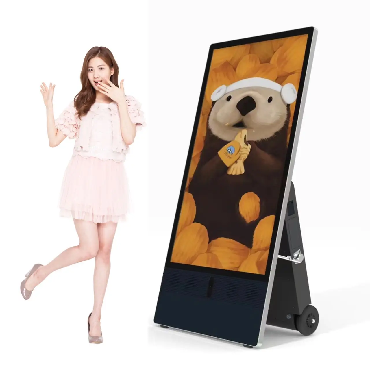 

Outdoor Touch LCD Portable Advertising Display Rechargeable Digital Signage Battery Powered Movable Poster with Wheels