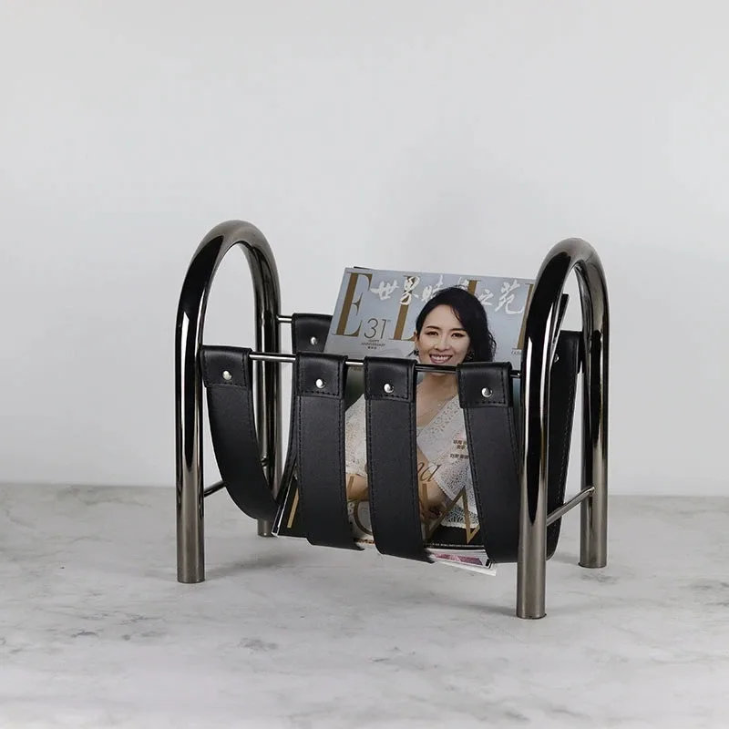 رف المجلات، تخزين الدراسة، رف تخزين إبداعي محمول باليد، جلد أسود معدني حديث #2