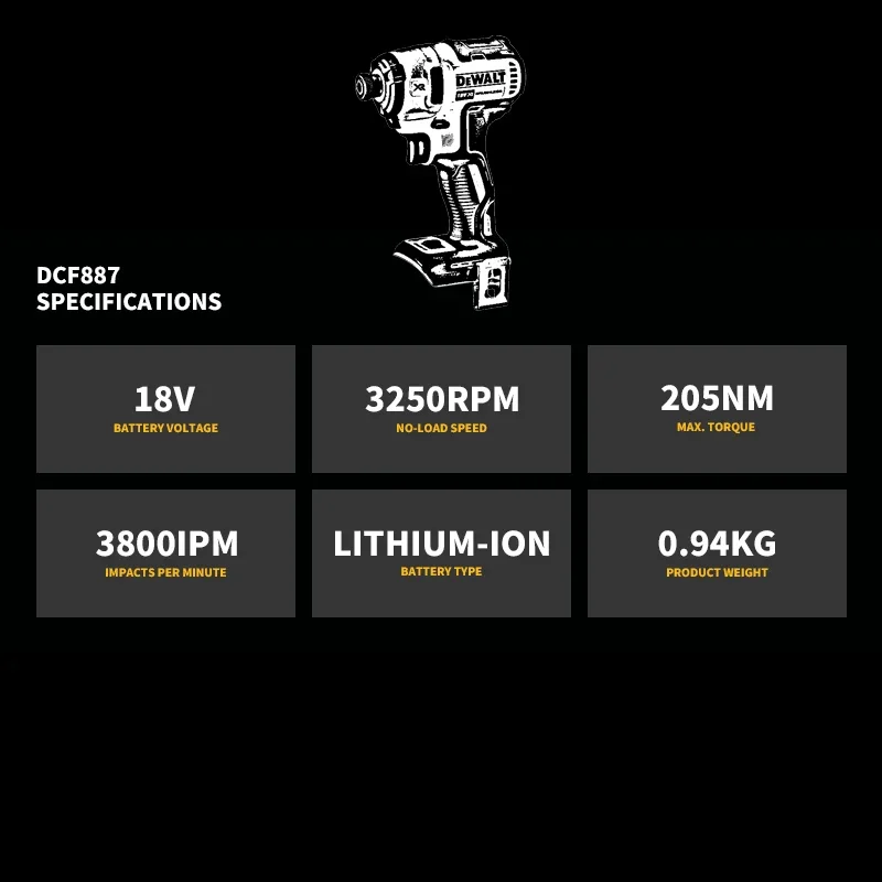 DEWALT DCF887 1/4in Brushless Cordless 3-Speed Impact Driver 18V Lithium Power Tools 3250RPM 3800IPM 205NM Bare Tool