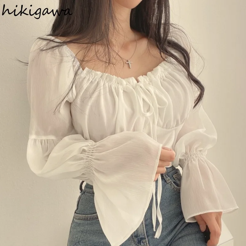 Chic Blouse Women\'s Clothing Flare Sleeve Square Collar Bandage Crop Tops 2024 Camisas De Mujer Sweet Ruffles Folds Summer Shirt