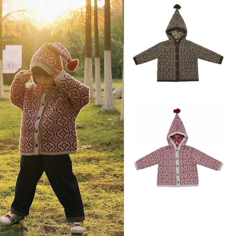 

Children's Sweaters 2025 Spring Fashion All Wool Warm Girls Knitted Jacket Cotton Retro Boys Hooded Sweater Children's Clothing