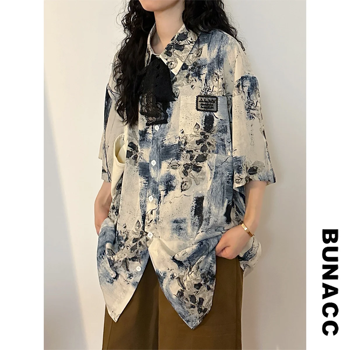 

Summer American Retro Loose Casual ort Sve Dyed irt Women's Top Water-Media Painting Street Sle Polyester Fiber