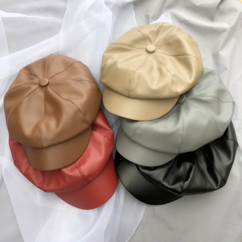 Fashion Leather Newsboy Cap Quality Artist PU Leather Female Korean Octagonal Cap Spring Winter Casual Beret Women Flat Hat