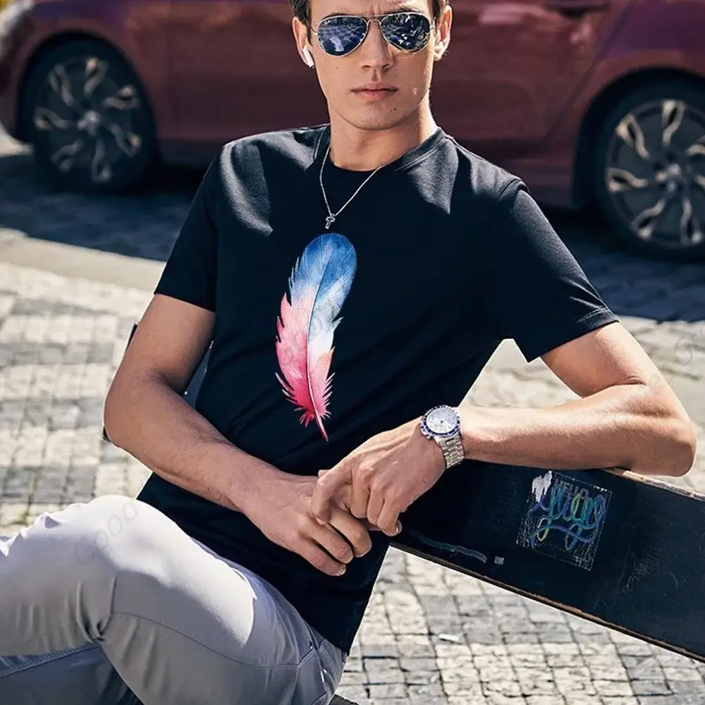 2024 Summer Men Clothes Short-sleeved T-shirt Casual Breathable Male Clothing O-Neck T Shirt Feather Printed Fashion New Tops