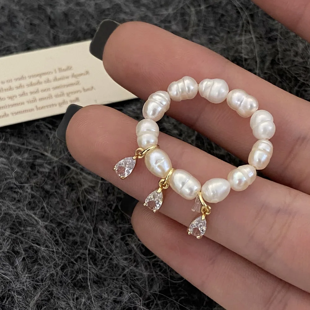 

Fashion Zircon Pendant Freshwater Pearl Chain Ring for Women Geometric Open Finger Ring Vintage Party Jewelry Accessories Gift