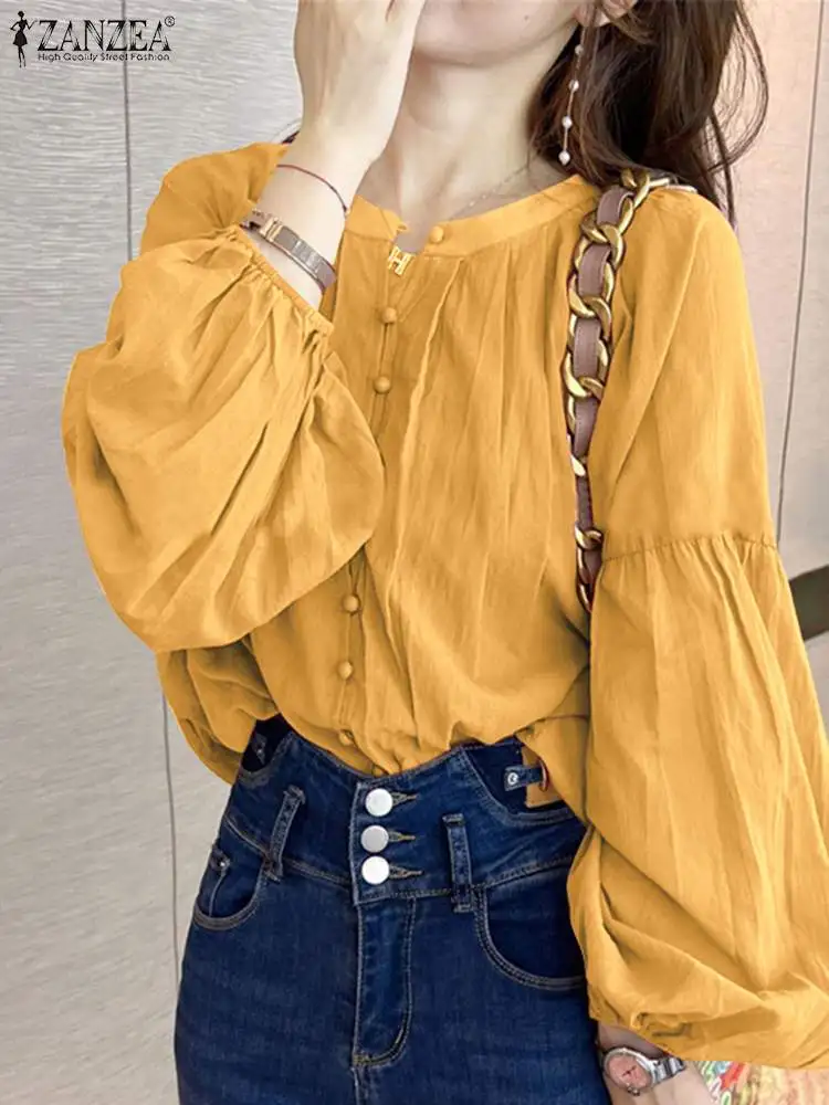 ZANZEA Women Solid Shirts Blouses Fashion Buttons Tops Elegant Long Lantern Sleeve Blusa 2024 Spring Stylish Chemise Oversize